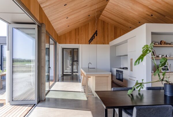 Glacial Oak hardwood installed as ceiling lining at Torbay House. Image: Booken Blend