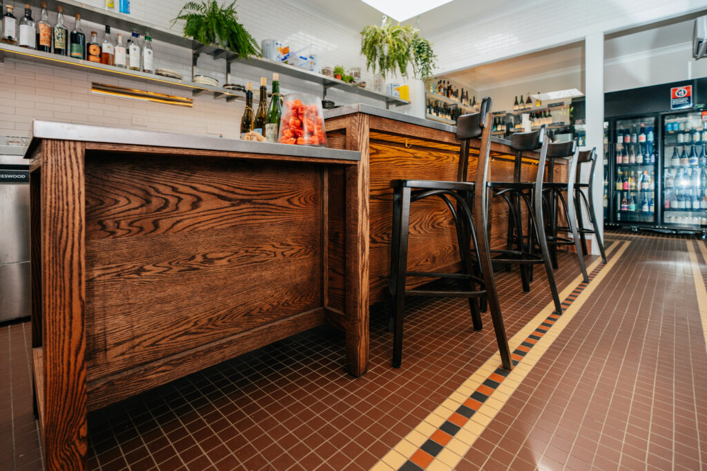 Furniture made with Glacial Oak featured in Frankie & Mo's wine bar in the Blue Mountains.