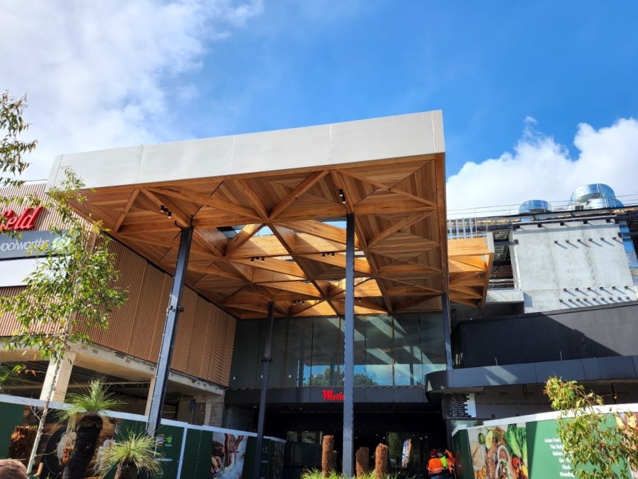 ASH's MASSLAM featured in Westfield Knox redevelopment Intricate MASSLAM (mass timber) awning at Westfield Knox entrance