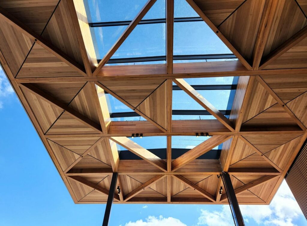 ASH's MASSLAM featured in Westfield Knox redevelopment Intricate MASSLAM (mass timber) awning at Westfield Knox entrance.