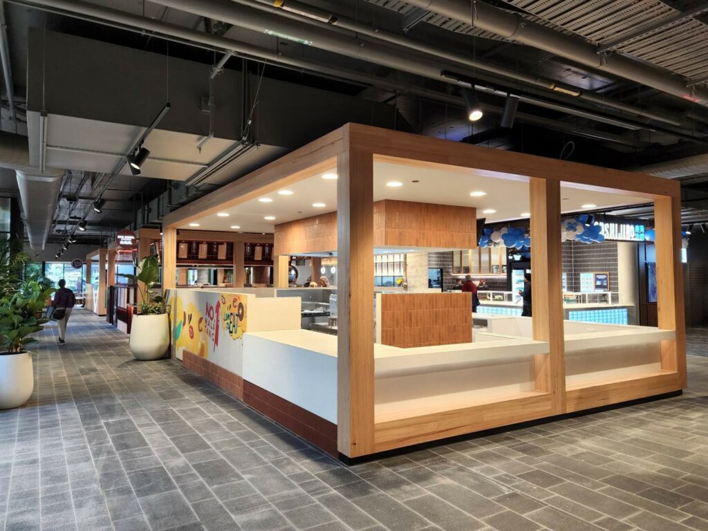 Westfield Knox's brands new food hall now features six MASSLAM (mass timber) kiosks Kiosks constructed from MASSLAM (mass timber) featured in Westfield Knox's brand new food hall.