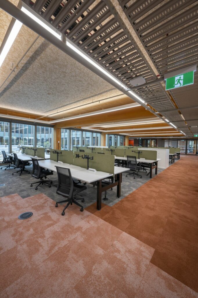 Galkangu Bendigo GovHub featuring MASSLAM during construction. Internal look at the completed Galkangu Bendigo GovHub in Victoria, featuring MASSLAM (mass timber) columns and beams.