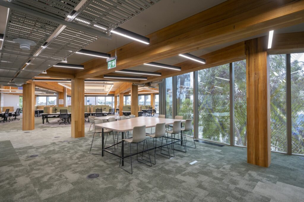Galkangu - Bendigo GovHub featuring ASH's MASSLAM. Photo credit: Ned Meldrum Internal look at the completed Galkangu Bendigo GovHub in Victoria, featuring MASSLAM (mass timber) columns and beams.