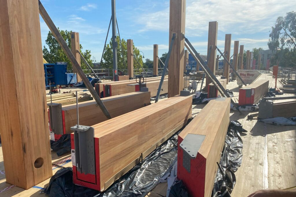 Galkangu Bendigo GovHub during construction. Galkangu Bendigo GovHub during construction featuring MASSLAM (mass timber) columns and beams.
