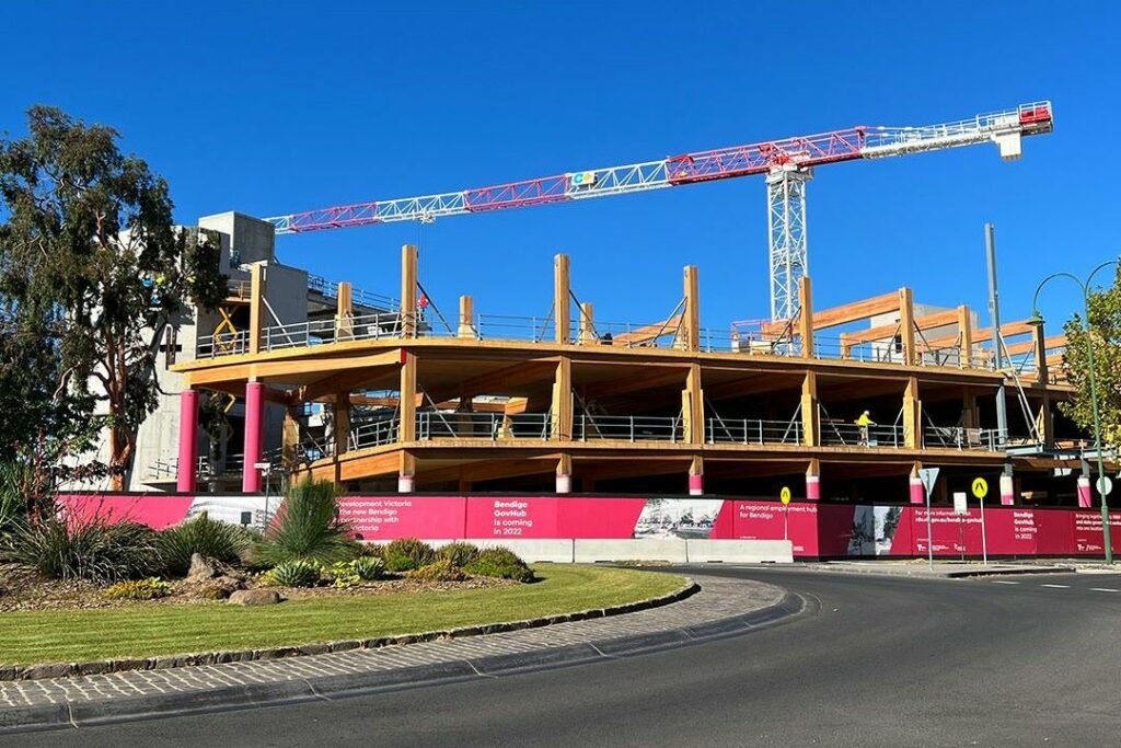 Galkangu Bendigo GovHub during construction. Galkangu Bendigo GovHub during construction featuring MASSLAM (mass timber) columns and beams.