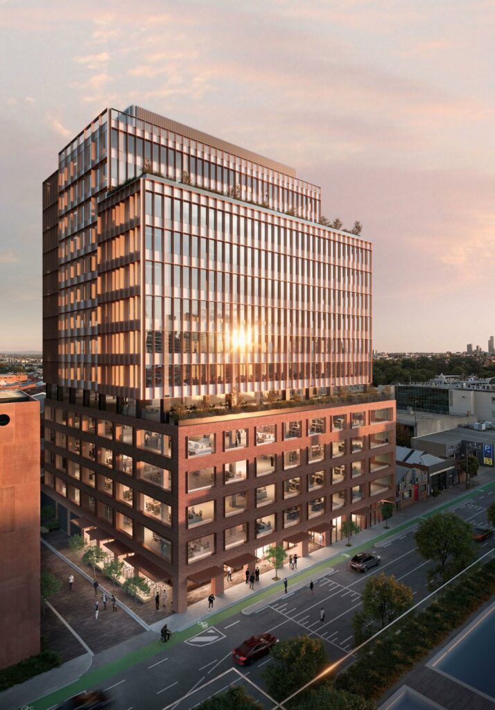 T3 Collingwood featuring MASSLAM. Image: Hine External render of the impressive T3 Collingwood mass timber commercial office tower by Hine. Image courtesy: Hine