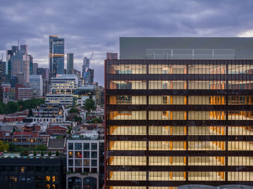T3 Collingwood mass timber office building featuring MASSLAM. Image: Tom Blachford External view of the impressive T3 Collingwood mass timber commercial office tower by Hine. Image courtesy: Tom Blachford