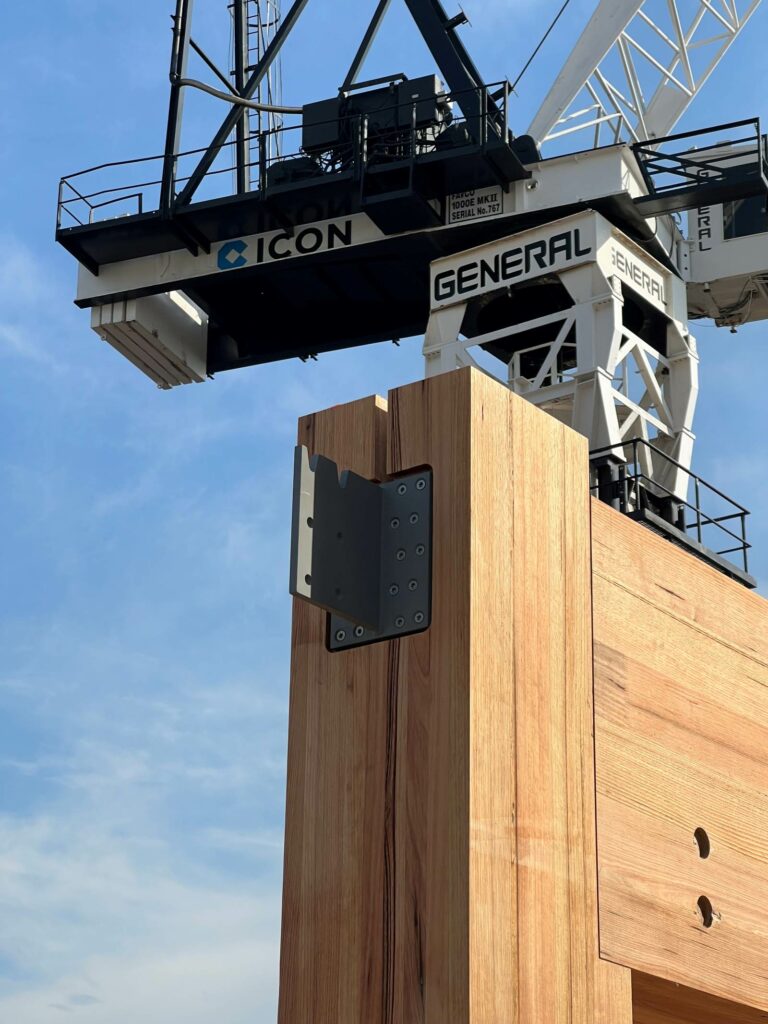 T3 Collingwood during construction highlighting unique MASSLAM bearing connection. Image: ASH T3 Collingwood during construction featuring ASH's unique MASSLAM (mass timber) bearing connection. Image credit: ASH
