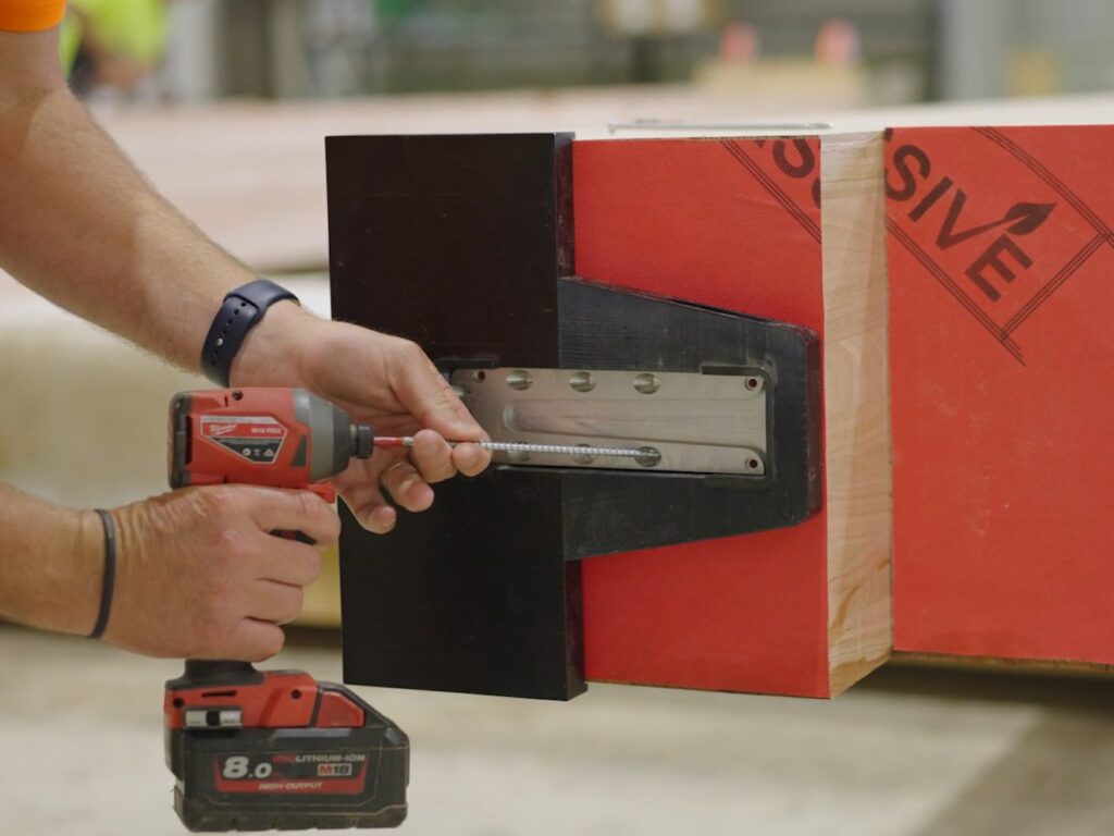MASSLAM beams undergoing fixings and finishings at ASH's mass timber production facility in Heyfield.
