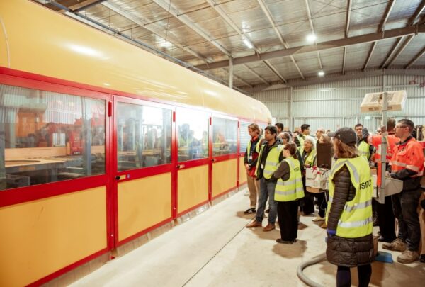 MASSLAM-Open-Day (29)_web Witnessing ASH's state-of-the-art and impressive CNC machining capabilities with the Hundegger K2i at our MASSLAM Open Day held at our mass timber manufacturing facility in Heyfield, Victoria.