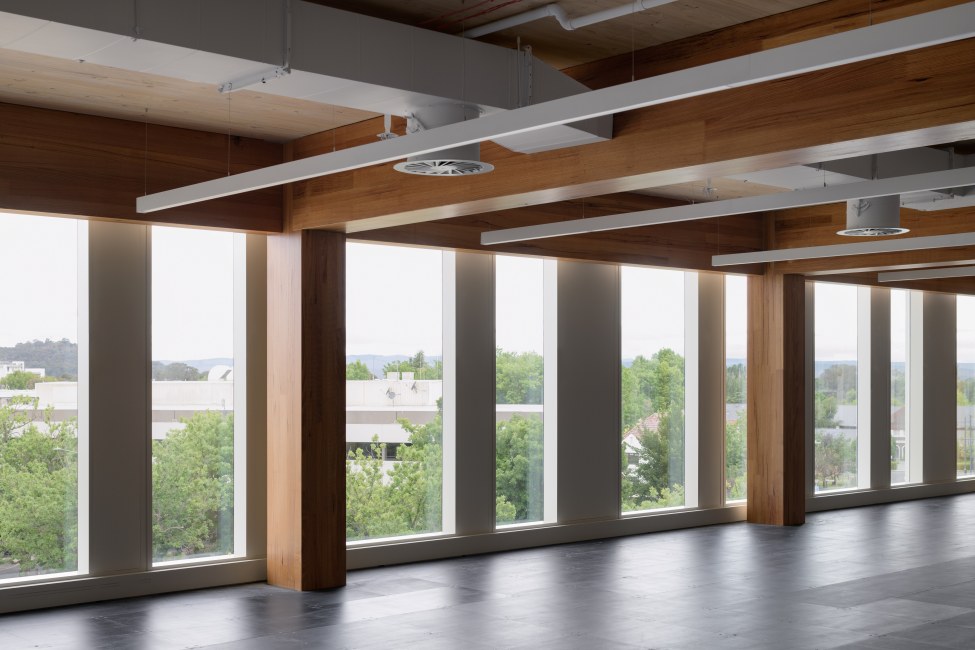 23 National Circuit in Canberra is the Australian capital's first mass timber office building. Featuring MASSLAM from ASH.