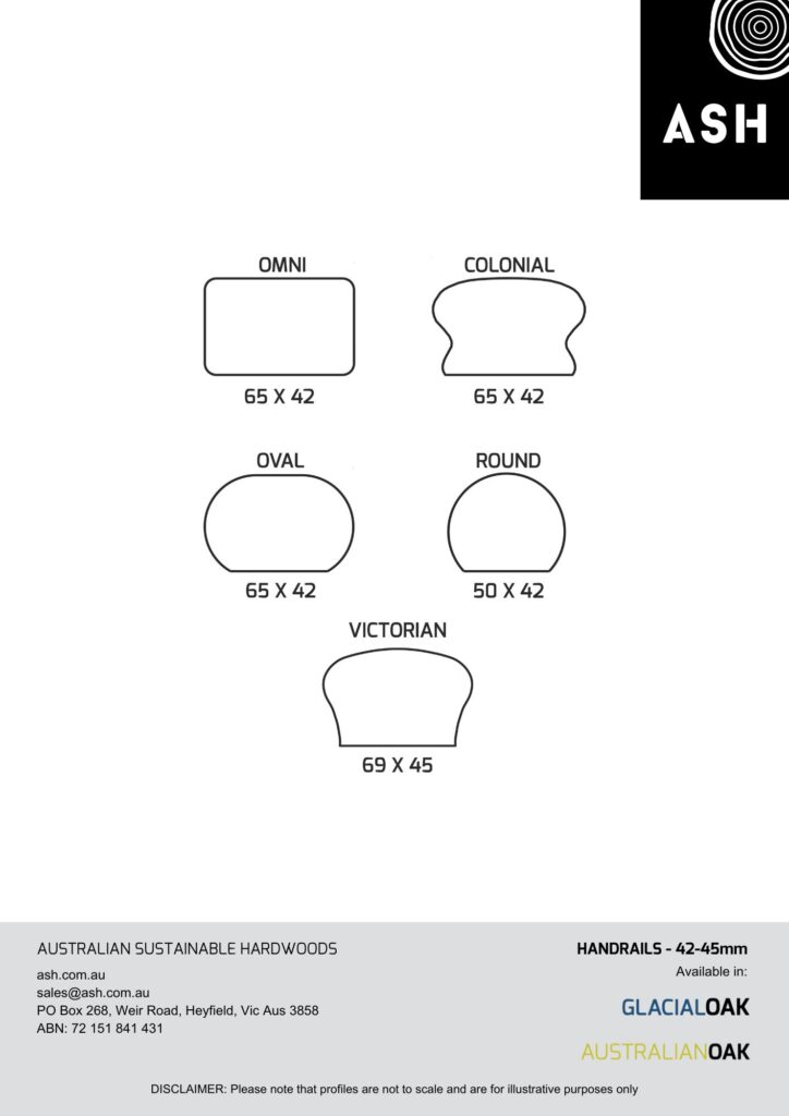 Handrail 42-45mm profiles available from Australian Sustainable Hardwoods (ASH) in Glacial Oak (American Oak) timber