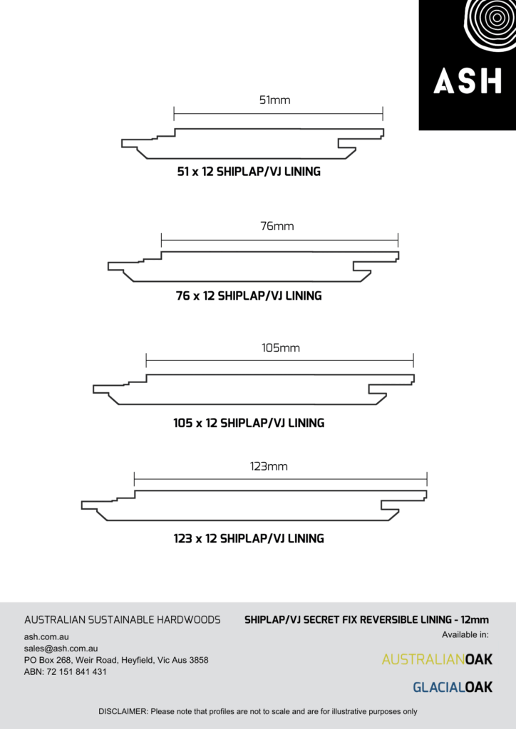 ASH Shiplap/VJ secret fix 12mm lining board profile from Australian Sustainable Hardwoods.