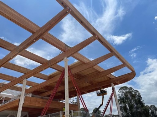 Advanced Manufacturing Research Facility construction_500x333 Advanced Manufacturing Readiness Facility in NSW during construction. MASSLAM (mass timber) beams forming the roof structure.