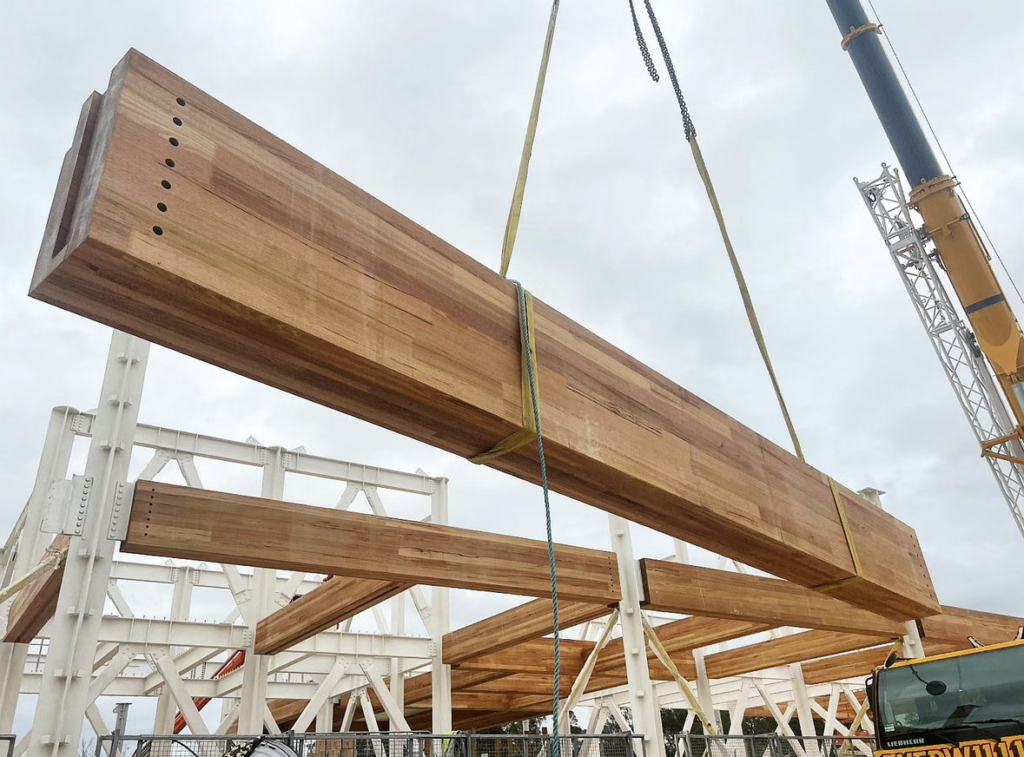 Advanced Manufacturing Readiness Facility - First Building during construction with ASH's glulam mass timber, MASSLAM. Photo: SAVCON
