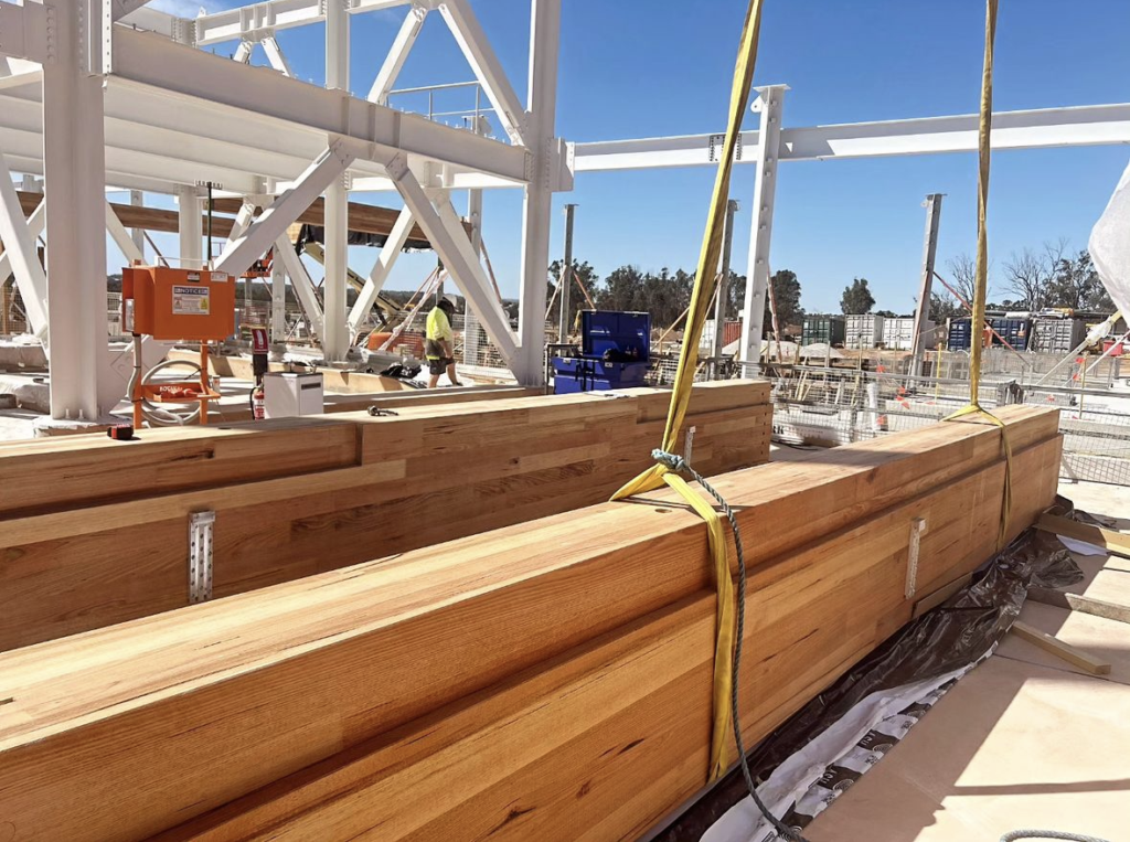 Advanced Manufacturing Readiness Facility - First Building during construction with ASH's glulam mass timber, MASSLAM. Photo: SAVCON