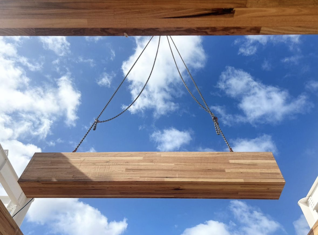 Advanced Manufacturing Readiness Facility - First Building during construction with ASH's glulam mass timber, MASSLAM. Photo: SAVCON