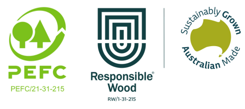 PEFC, Responsible Wood and Sustainably Sourced, Australian Made logos.