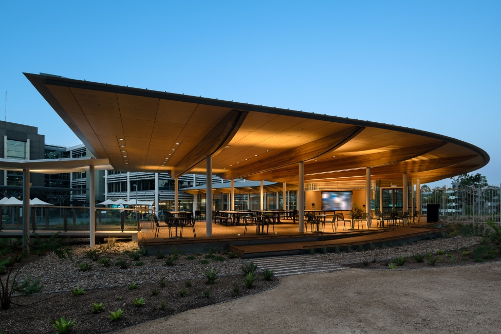 O Pavilion in Macquaire Park featuring MASSLAM 38 - ASH's Plantation Oak mass timber solution. Image: Richard Glover