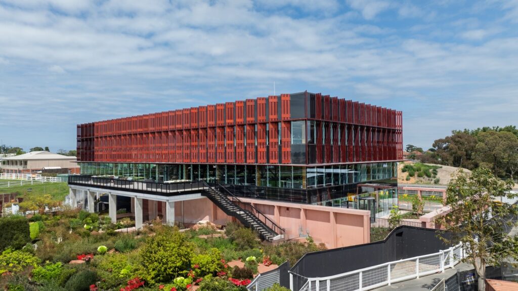 Melbourne Racing Club's new administration building at Caulfield Racecourse made possible with mass engineered timber (MASSLAM) from Australian Sustainable Hardwoods (ASH). Image: Kane Jarrod