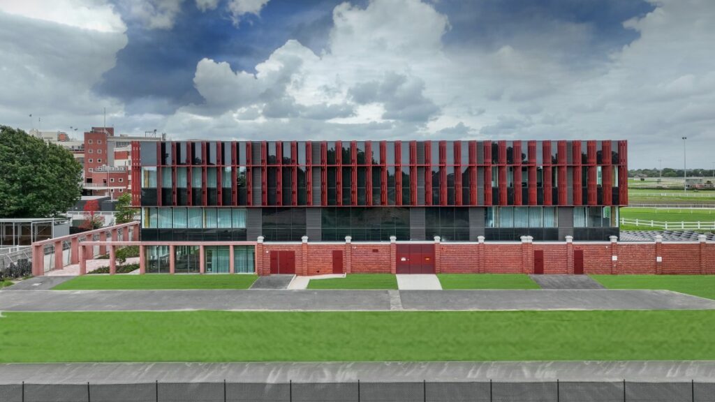 Melbourne Racing Club's new administration building at Caulfield Racecourse made possible with mass engineered timber (MASSLAM) from Australian Sustainable Hardwoods (ASH). Image: Kane Jarrod