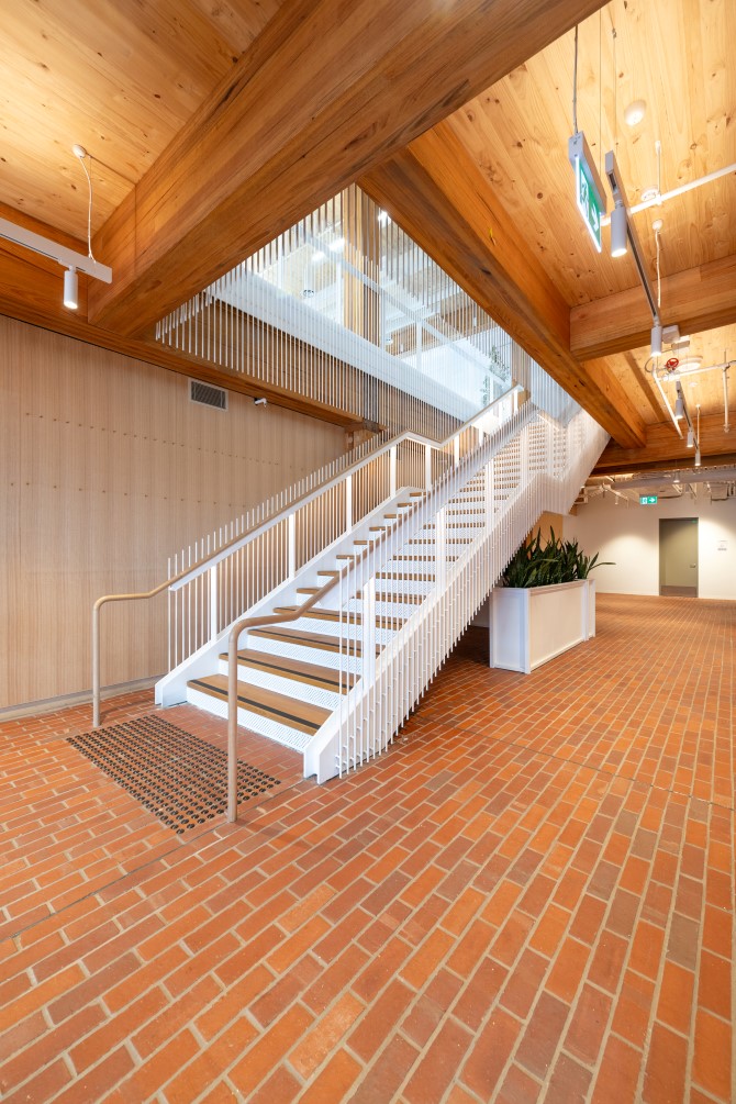 Melbourne Racing Club's new administration building at Caulfield Racecourse made possible with mass engineered timber (MASSLAM) from Australian Sustainable Hardwoods (ASH). Image: Kane Jarrod