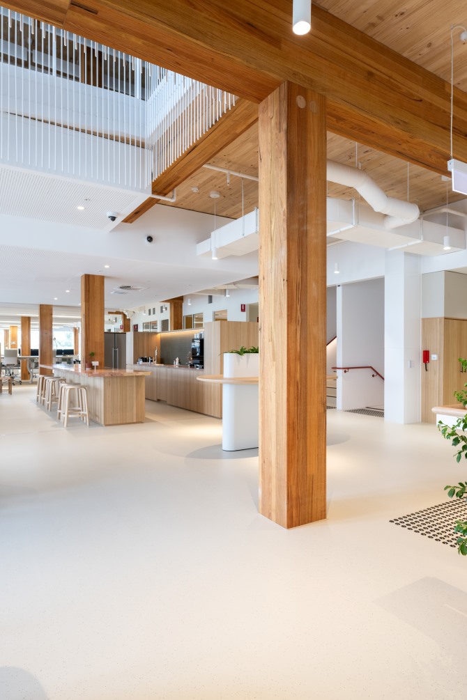 Melbourne Racing Club's new administration building at Caulfield Racecourse made possible with mass engineered timber (MASSLAM) from Australian Sustainable Hardwoods (ASH). Image: Kane Jarrod