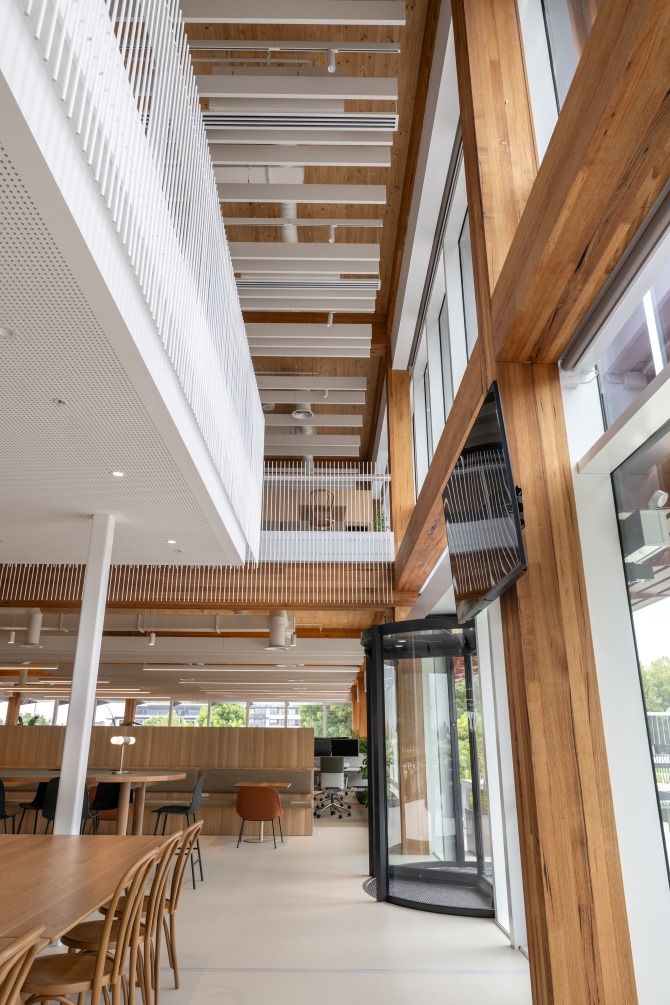 Melbourne Racing Club's new administration building at Caulfield Racecourse made possible with mass engineered timber (MASSLAM) from Australian Sustainable Hardwoods (ASH). Image: Kane Jarrod