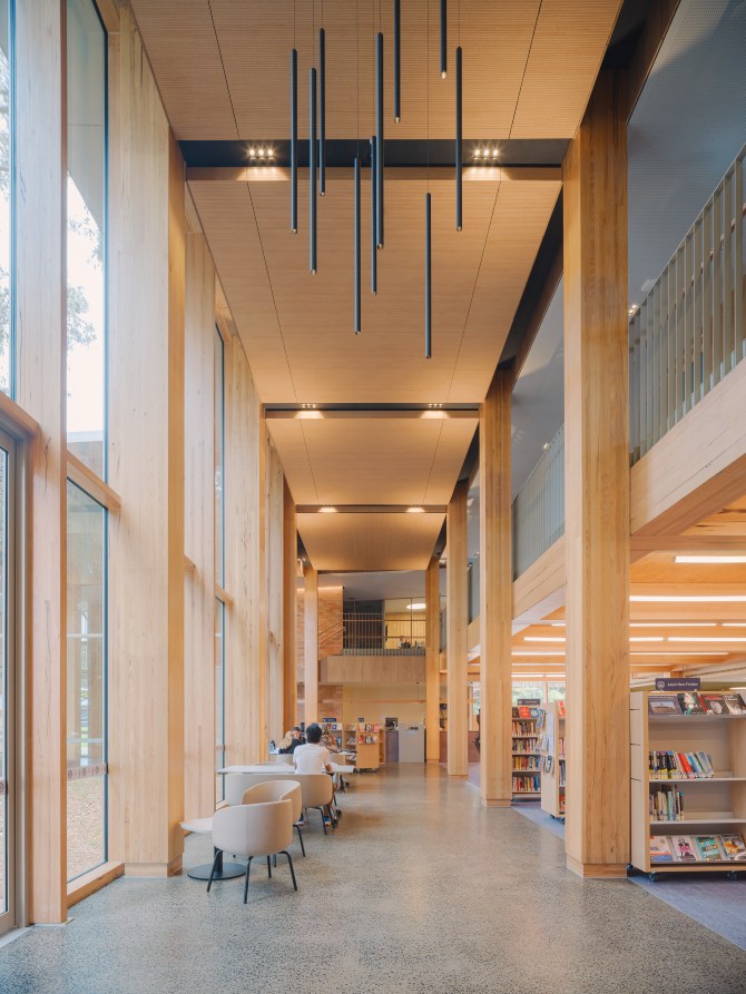 Berninneit Cultural and Community Centre in Cowes, Victoria featuring ASH's mass timber columns and beams.