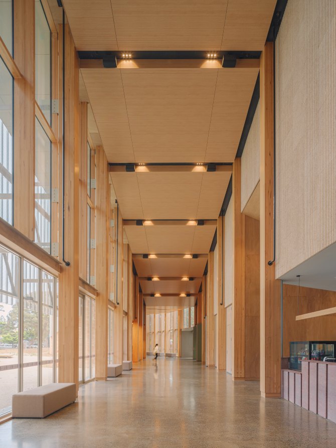 Berninneit Cultural and Community Centre in Cowes, Victoria featuring ASH's mass timber columns and beams.