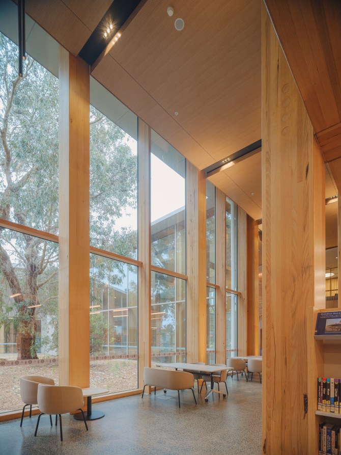 Berninneit Cultural and Community Centre in Cowes, Victoria featuring ASH's mass timber columns and beams.