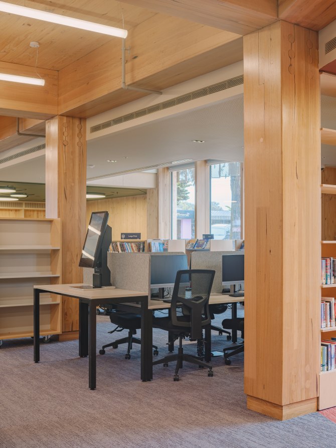 Berninneit Cultural and Community Centre in Cowes, Victoria featuring ASH's mass timber columns and beams.