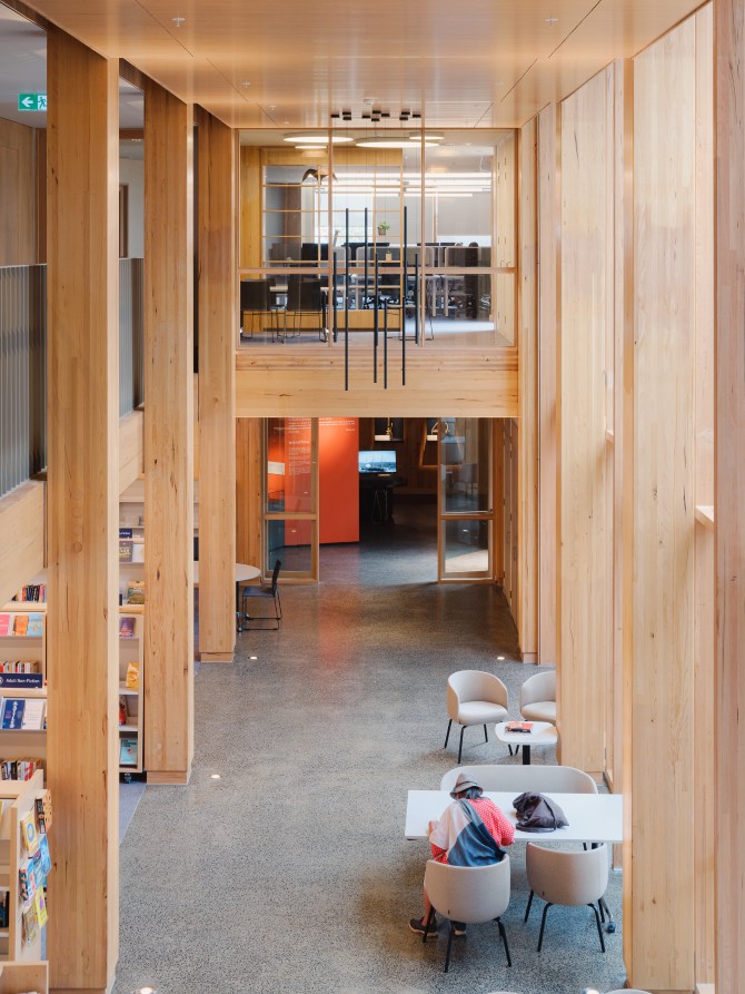 Berninneit Cultural and Community Centre in Cowes, Victoria featuring ASH's mass timber columns and beams.