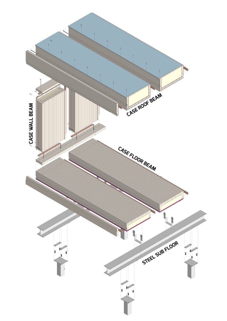 Technical drawing outlining the elements of CASE by Australian Sustainable Hardwoods (ASH). CASE is a pre-fabricated hardwood cassette that combines structure, insulation, and finished lining in a single panel.