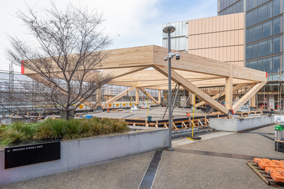 Under construction - the LUMINA event space at The Tasman hotel in Hobart featuring ASH's Plantation Oak mass engineered timber columns and beams.