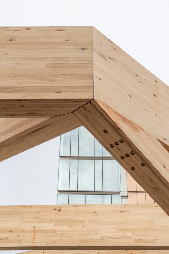 Under construction - the LUMINA event space at The Tasman hotel in Hobart featuring ASH's Plantation Oak mass engineered timber columns and beams.