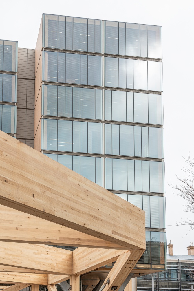 Under construction - the LUMINA event space at The Tasman hotel in Hobart featuring ASH's Plantation Oak mass engineered timber columns and beams.