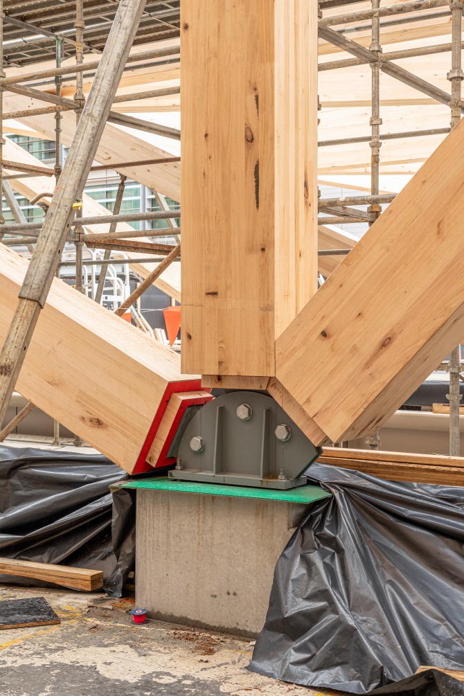 Under construction - the LUMINA event space at The Tasman hotel in Hobart featuring ASH's Plantation Oak mass engineered timber columns and beams.