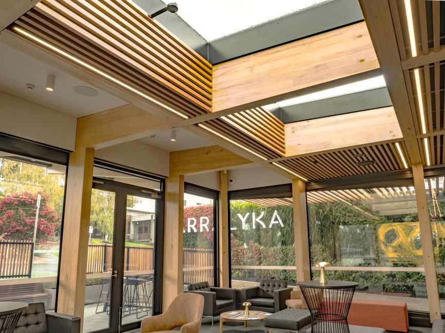 Karralyka Theatre in Ringwood has a new foyer featuring Plantation Oak mass timber and external battens.