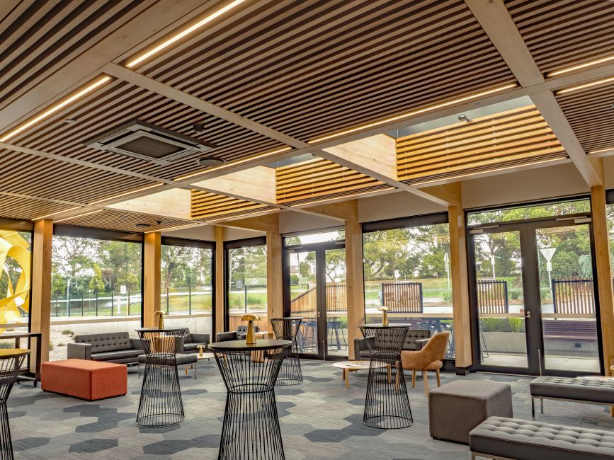 Karralyka Theatre in Ringwood has a new foyer featuring Plantation Oak mass timber and external battens.