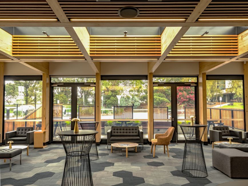 Karralyka Theatre in Ringwood has a new foyer featuring Plantation Oak mass timber and external battens.