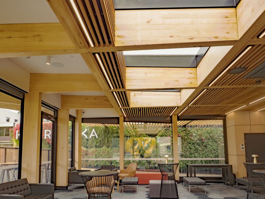 Karralyka Theatre in Ringwood has a new foyer featuring Plantation Oak mass timber and external battens.
