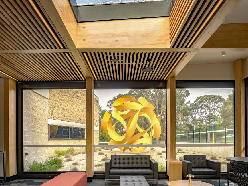 Karralyka Theatre in Ringwood has a new foyer featuring Plantation Oak mass timber and external battens.