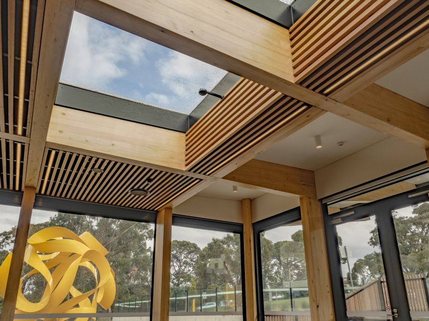 Karralyka Theatre in Ringwood has a new foyer featuring Plantation Oak mass timber and external battens.