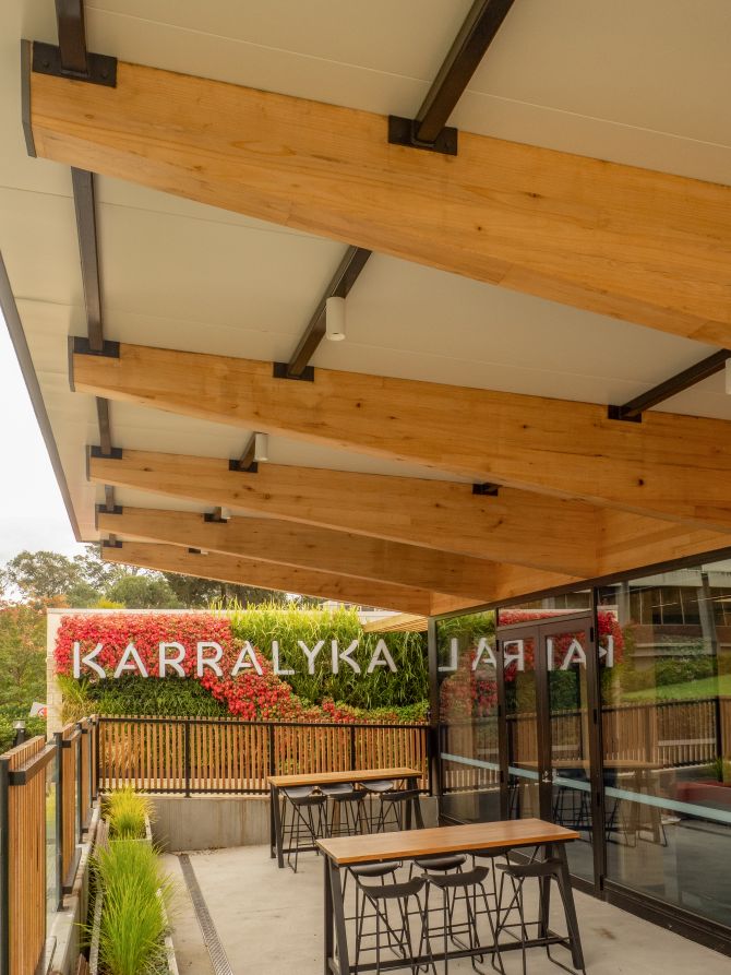 Karralyka Theatre in Ringwood has a new foyer featuring Plantation Oak mass timber and external battens.