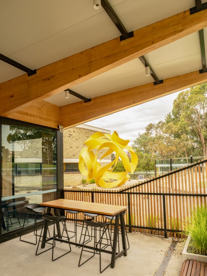 Karralyka Theatre in Ringwood has a new foyer featuring Plantation Oak mass timber and external battens.