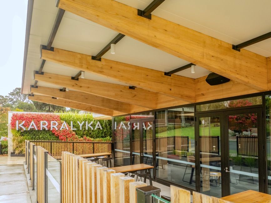 Karralyka Theatre in Ringwood has a new foyer featuring Plantation Oak mass timber and external battens.