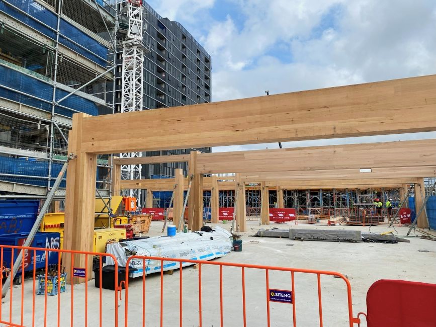 Canberra Institute of Technology (CIT) Woden campus during construction. Featuring Australian Oak mass engineered timber (MASSLAM).