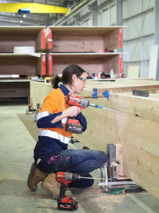 ASH employee constructing Albert Park Pit Building cassettes at their Heyfield manufacturing facility in regional Victoria.